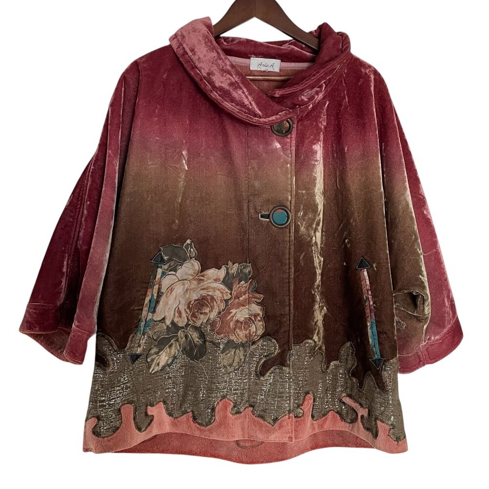 Anie A Ombre Velvet Peacoat Medium M Dusty Rose Pink Floral Applique Art to Wear